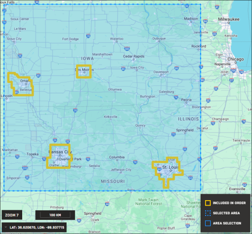 Ordering clipping area and legend indicating the selected AOI and three Vivid coverage areas, which are included in the order.