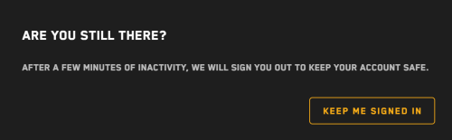 Inactivity notification pop-up with a button labeled "keep me signed in"