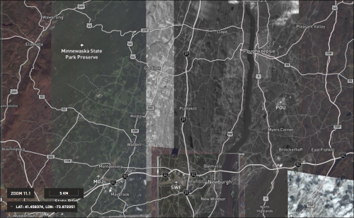 Map labels at zoom level 11.1. Imagery is available at this zoom level. The map shows Newburgh and Poughkeepsie, New York. Labels indicate a few state parks and two regional airports, as well as several towns and state highways.