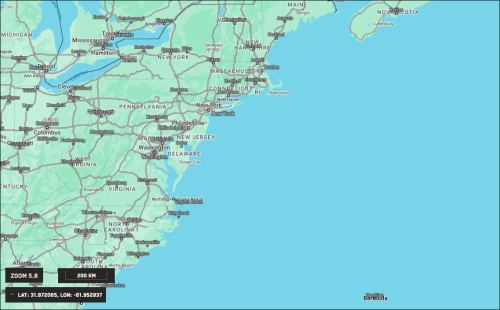 Map labels at zoom level 5.8. The eastern seaboard of the United States is shown, and several city labels are visible.