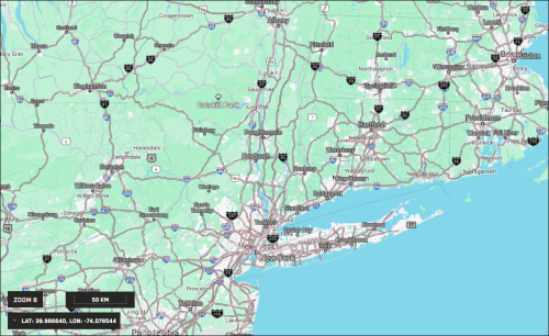 Map labels at zoom level 7.8. The map shows Pennsylvania, New York, and part of New England. Additional city labels are visible, as are highway markers and labels of large parks and forests. Labels are similar to those on the Google Maps basemap.